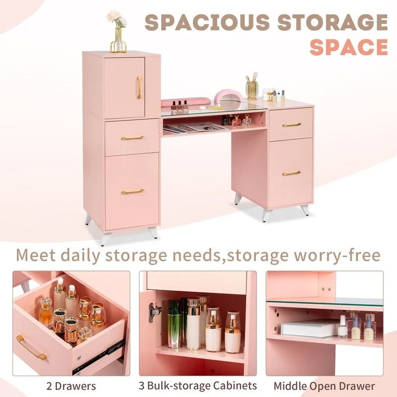 Embossed Particle Board Tempered Glass 55 W Manicure Table